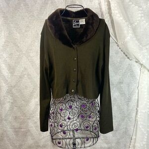 Lennie for Nina Leonard faux fur collared button up sweater size L